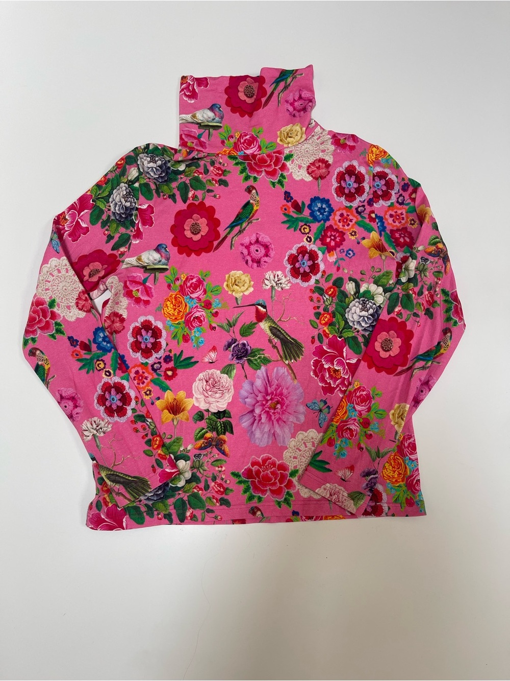 Get Crooked Pink Floral Bird Print Turtleneck Long Sleeve Top Size XL